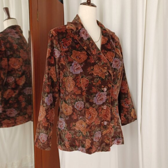 Vintage 70s Cotton Velvet Blazer, Romantic Dark Floral Print - Picture 4 of 6